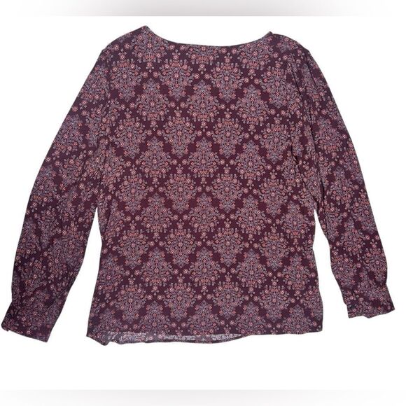 NWT LOFT Burgundy Floral Long Sleeve Blouse Scoop Neck Size Large Flowers - Picture 3 of 7